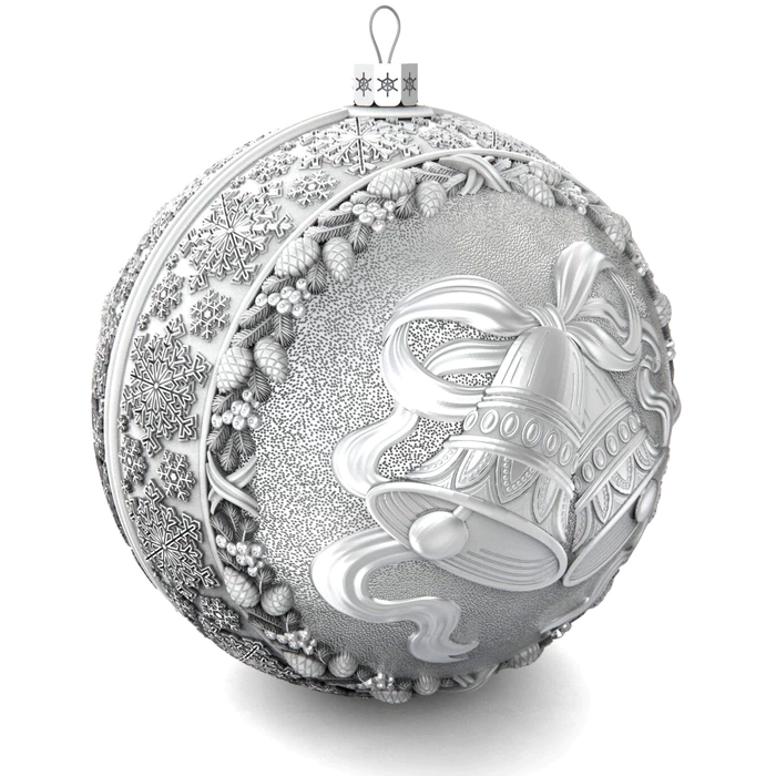 Set of 3 silver Christmas balls "Bells, Happy childhood and Bullfinches"